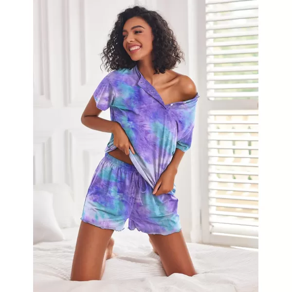 Ekouaer Tie Dye Pajamas Set Womens Loungewear Sleepwear 2 Piece PJ SetsTie Dye Blue and Purple