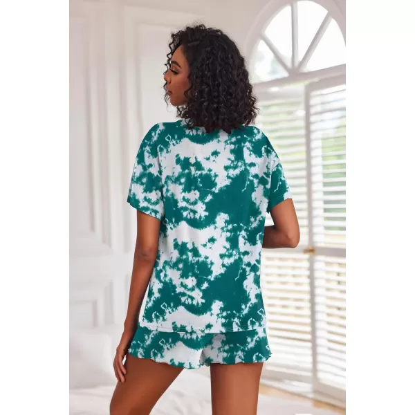 Ekouaer Tie Dye Pajamas Set Womens Loungewear Sleepwear 2 Piece PJ SetsTie Dye Deep Green White