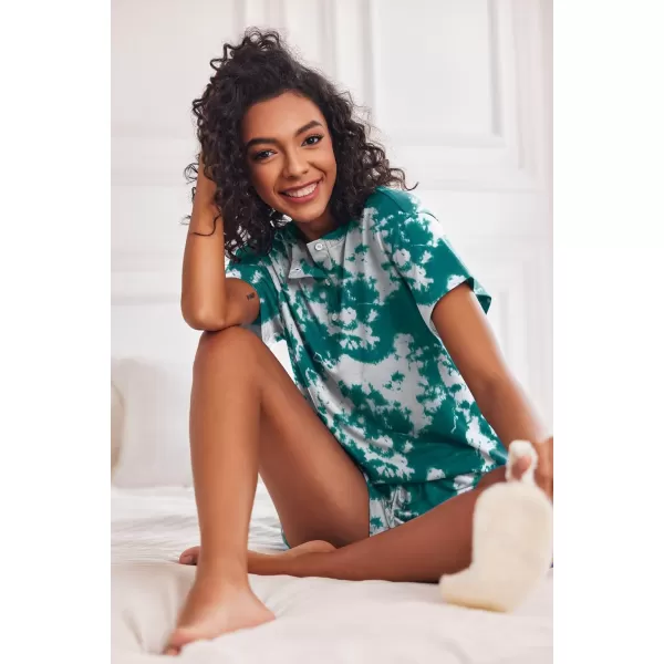 Ekouaer Tie Dye Pajamas Set Womens Loungewear Sleepwear 2 Piece PJ SetsTie Dye Deep Green White