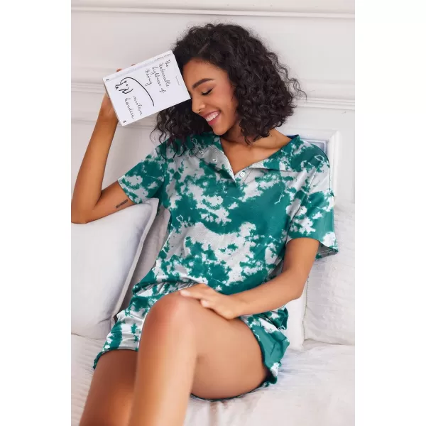 Ekouaer Tie Dye Pajamas Set Womens Loungewear Sleepwear 2 Piece PJ SetsTie Dye Deep Green White