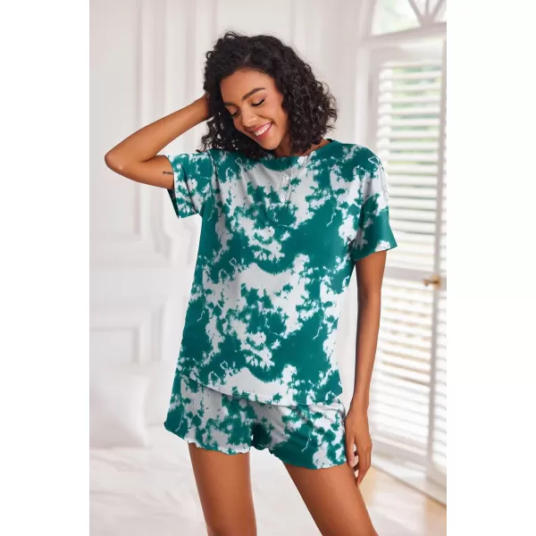 Ekouaer Tie Dye Pajamas Set Womens Loungewear Sleepwear 2 Piece PJ SetsTie Dye Deep Green White