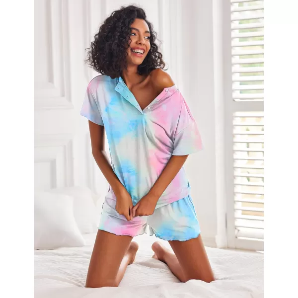 Ekouaer Tie Dye Pajamas Set Womens Loungewear Sleepwear 2 Piece PJ SetsTie Dye Light Blue