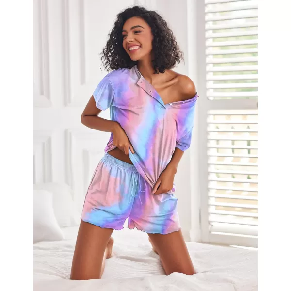 Ekouaer Tie Dye Pajamas Set Womens Loungewear Sleepwear 2 Piece PJ SetsTie Dye Purple Blue