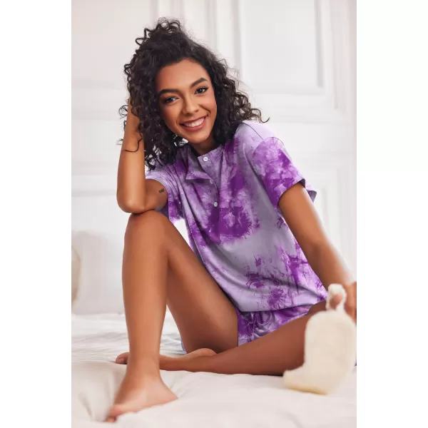 Ekouaer Tie Dye Pajamas Set Womens Loungewear Sleepwear 2 Piece PJ SetsTie Dye Purple White