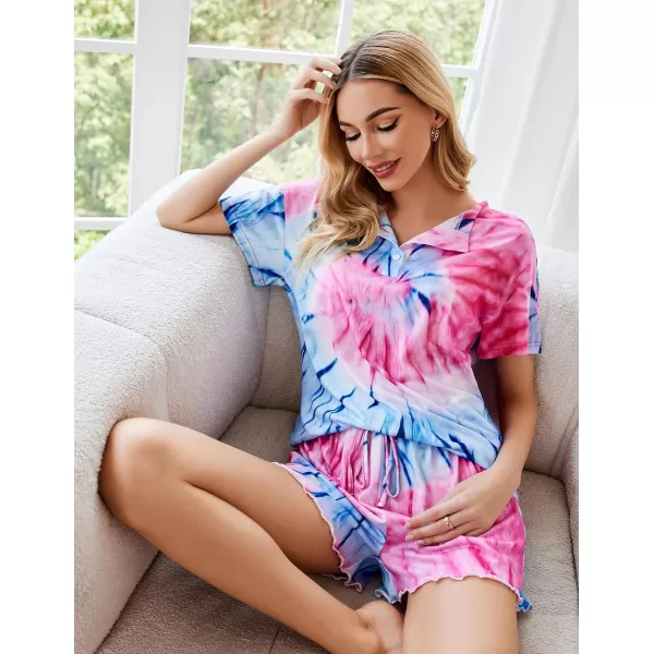 Ekouaer Tie Dye Pajamas Set Womens Loungewear Sleepwear 2 Piece PJ SetsTie Dye Swirl Blue Rose