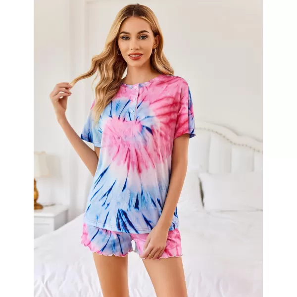 Ekouaer Tie Dye Pajamas Set Womens Loungewear Sleepwear 2 Piece PJ SetsTie Dye Swirl Blue Rose