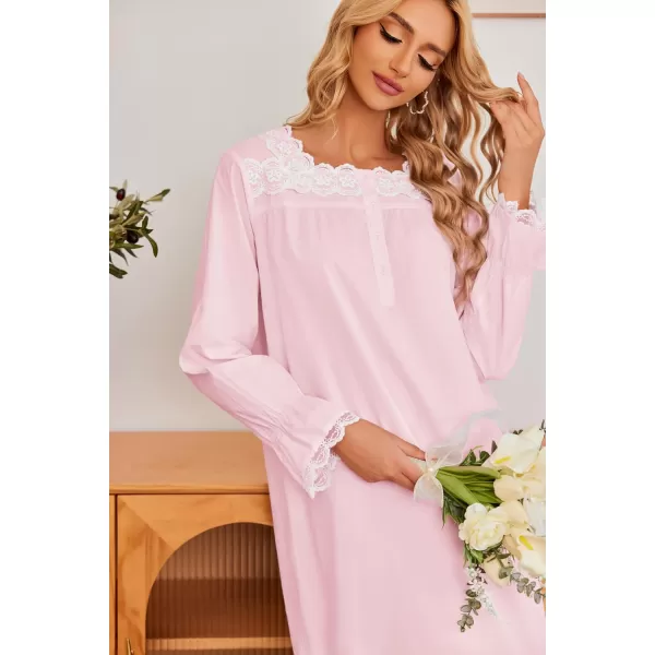 Ekouaer Victorian Nightgown Cotton Long Sleeve Vintage Old Fashioned Gown The Ring Costume for WomenPink
