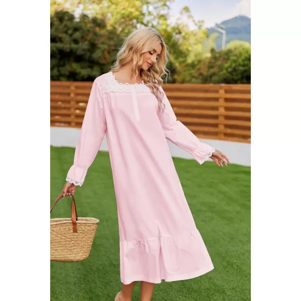 Ekouaer Victorian Nightgown Cotton Long Sleeve Vintage Old Fashioned Gown The Ring Costume for WomenPink