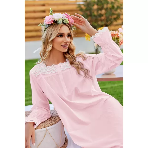 Ekouaer Victorian Nightgown Cotton Long Sleeve Vintage Old Fashioned Gown The Ring Costume for WomenPink