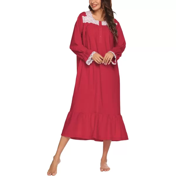 Ekouaer Victorian Nightgown Cotton Long Sleeve Vintage Old Fashioned Gown The Ring Costume for WomenWine Red