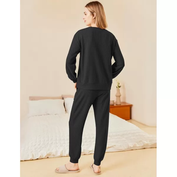 Ekouaer Waffle Knit Lounge Sets for Women Long Sleeve Pajamas Set with Pockets 2 Pieces Outfits Top and PantsBlack