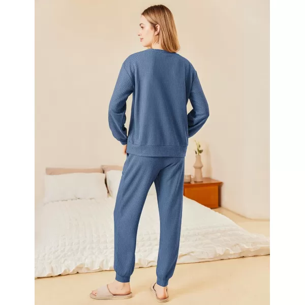 Ekouaer Waffle Knit Lounge Sets for Women Long Sleeve Pajamas Set with Pockets 2 Pieces Outfits Top and PantsBlue