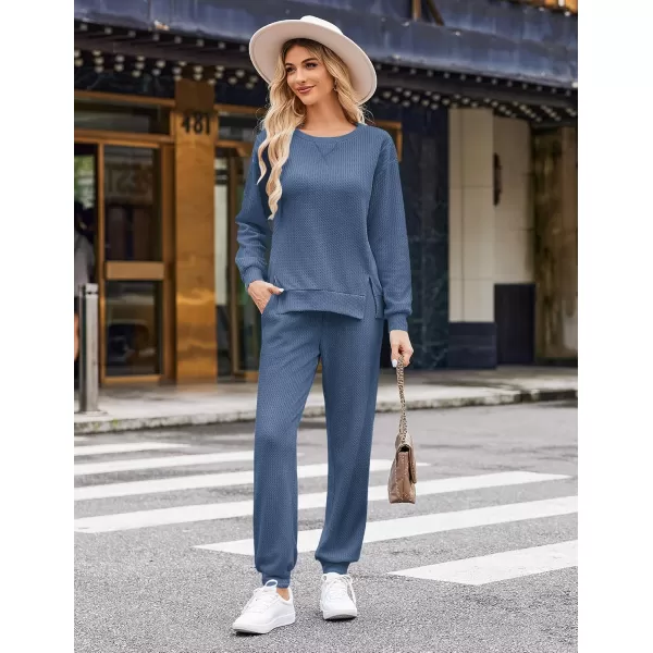 Ekouaer Waffle Knit Lounge Sets for Women Long Sleeve Pajamas Set with Pockets 2 Pieces Outfits Top and PantsBlue