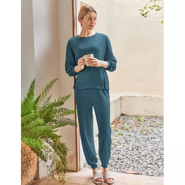 Ekouaer Waffle Knit Lounge Sets for Women Long Sleeve Pajamas Set with Pockets 2 Pieces Outfits Top and PantsBlue Green