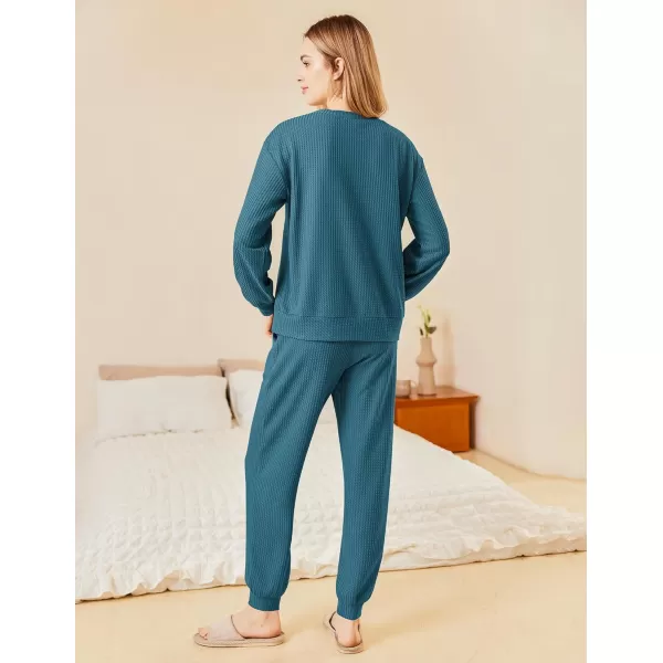 Ekouaer Waffle Knit Lounge Sets for Women Long Sleeve Pajamas Set with Pockets 2 Pieces Outfits Top and PantsBlue Green