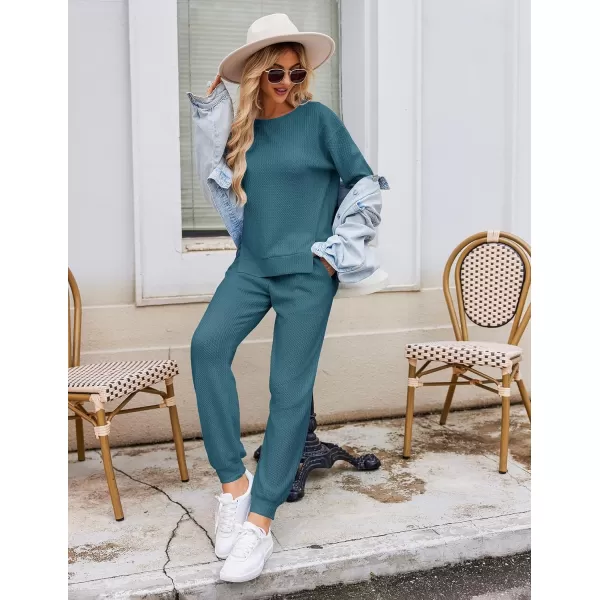 Ekouaer Waffle Knit Lounge Sets for Women Long Sleeve Pajamas Set with Pockets 2 Pieces Outfits Top and PantsBlue Green