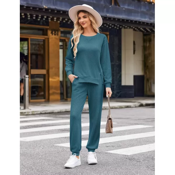 Ekouaer Waffle Knit Lounge Sets for Women Long Sleeve Pajamas Set with Pockets 2 Pieces Outfits Top and PantsBlue Green