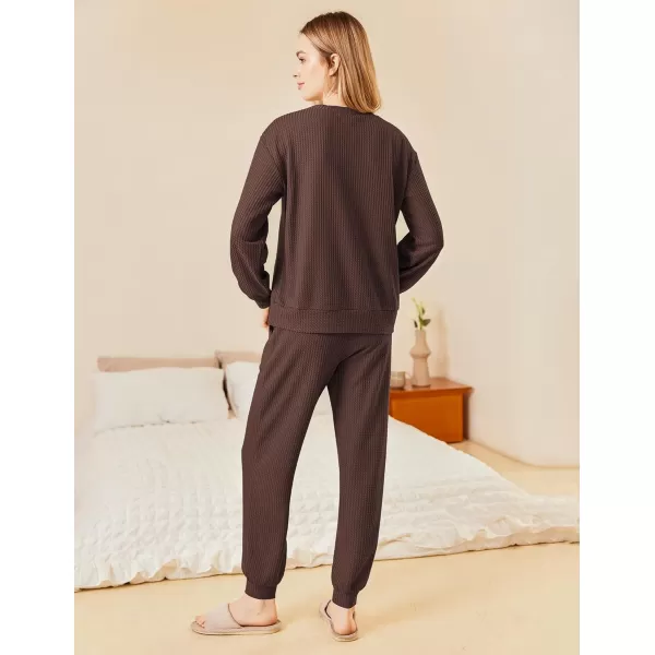 Ekouaer Waffle Knit Lounge Sets for Women Long Sleeve Pajamas Set with Pockets 2 Pieces Outfits Top and PantsBrown