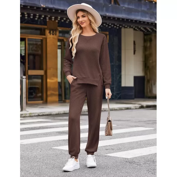 Ekouaer Waffle Knit Lounge Sets for Women Long Sleeve Pajamas Set with Pockets 2 Pieces Outfits Top and PantsBrown