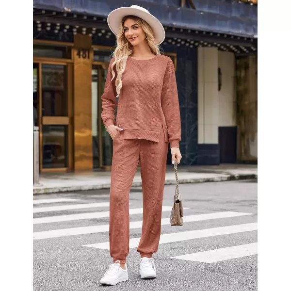 Ekouaer Waffle Knit Lounge Sets for Women Long Sleeve Pajamas Set with Pockets 2 Pieces Outfits Top and PantsCaramel