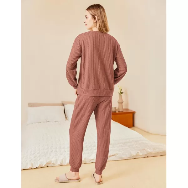 Ekouaer Waffle Knit Lounge Sets for Women Long Sleeve Pajamas Set with Pockets 2 Pieces Outfits Top and PantsCaramel