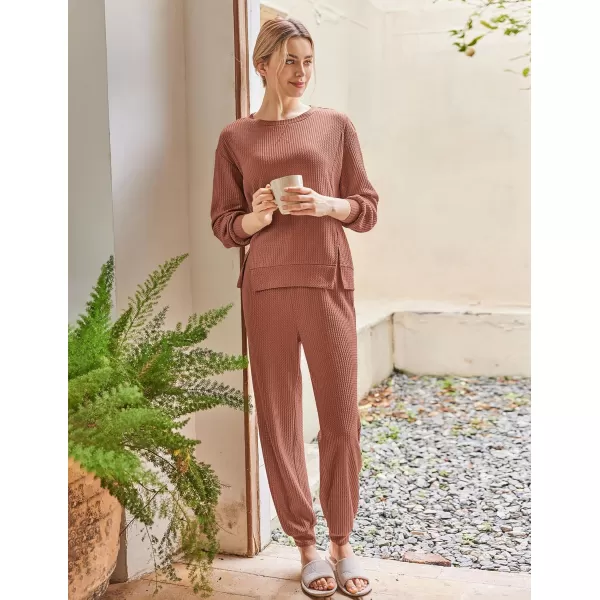 Ekouaer Waffle Knit Lounge Sets for Women Long Sleeve Pajamas Set with Pockets 2 Pieces Outfits Top and PantsCaramel