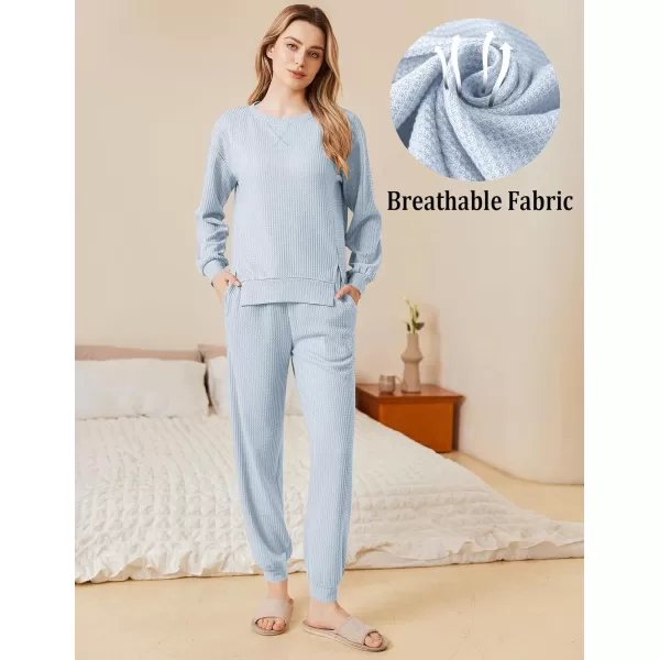 Ekouaer Waffle Knit Lounge Sets for Women Long Sleeve Pajamas Set with Pockets 2 Pieces Outfits Top and PantsClear Blue