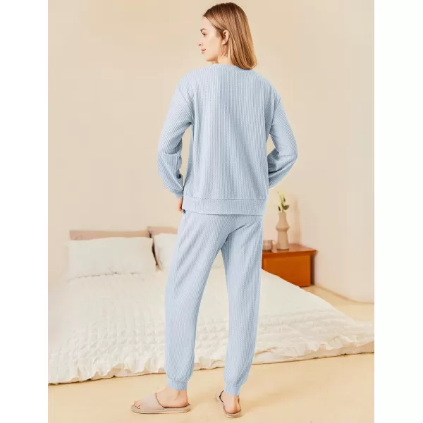 Ekouaer Waffle Knit Lounge Sets for Women Long Sleeve Pajamas Set with Pockets 2 Pieces Outfits Top and PantsClear Blue