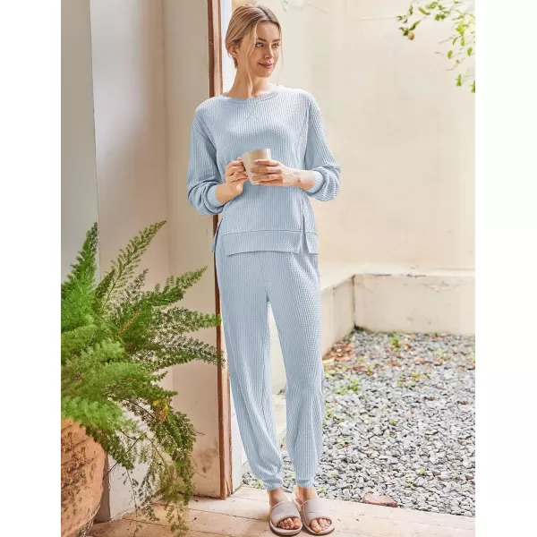 Ekouaer Waffle Knit Lounge Sets for Women Long Sleeve Pajamas Set with Pockets 2 Pieces Outfits Top and PantsClear Blue