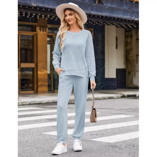 Ekouaer Waffle Knit Lounge Sets for Women Long Sleeve Pajamas Set with Pockets 2 Pieces Outfits Top and PantsClear Blue