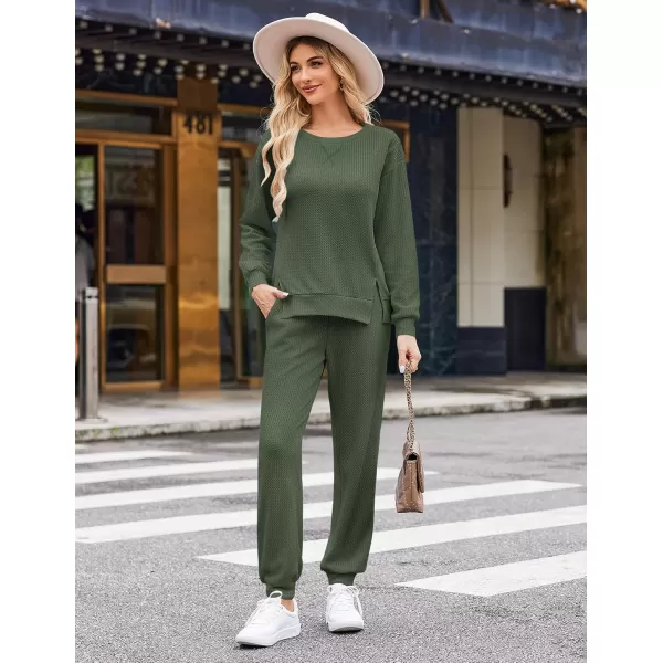 Ekouaer Waffle Knit Lounge Sets for Women Long Sleeve Pajamas Set with Pockets 2 Pieces Outfits Top and PantsDeep Green