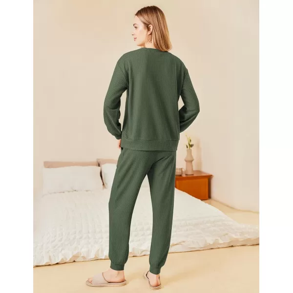 Ekouaer Waffle Knit Lounge Sets for Women Long Sleeve Pajamas Set with Pockets 2 Pieces Outfits Top and PantsDeep Green