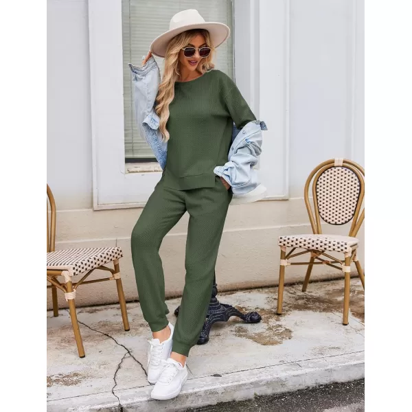 Ekouaer Waffle Knit Lounge Sets for Women Long Sleeve Pajamas Set with Pockets 2 Pieces Outfits Top and PantsDeep Green