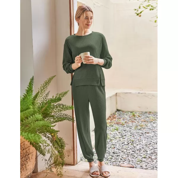 Ekouaer Waffle Knit Lounge Sets for Women Long Sleeve Pajamas Set with Pockets 2 Pieces Outfits Top and PantsDeep Green