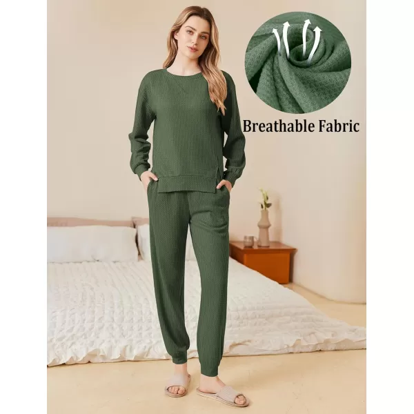 Ekouaer Waffle Knit Lounge Sets for Women Long Sleeve Pajamas Set with Pockets 2 Pieces Outfits Top and PantsDeep Green