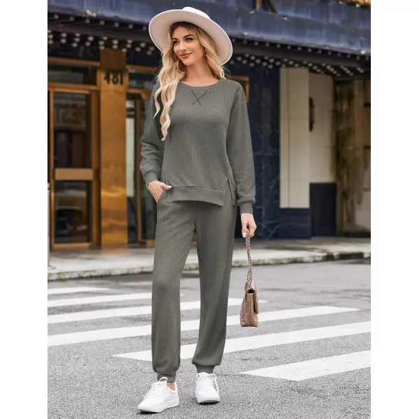 Ekouaer Waffle Knit Lounge Sets for Women Long Sleeve Pajamas Set with Pockets 2 Pieces Outfits Top and PantsDeep Grey