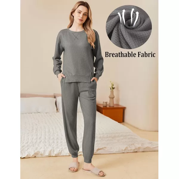 Ekouaer Waffle Knit Lounge Sets for Women Long Sleeve Pajamas Set with Pockets 2 Pieces Outfits Top and PantsDeep Grey