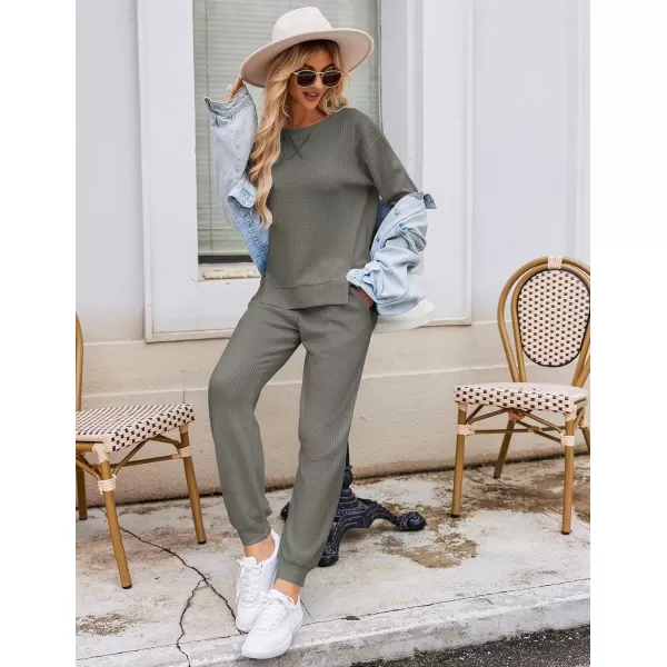 Ekouaer Waffle Knit Lounge Sets for Women Long Sleeve Pajamas Set with Pockets 2 Pieces Outfits Top and PantsDeep Grey