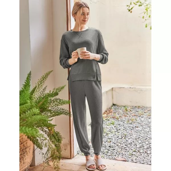 Ekouaer Waffle Knit Lounge Sets for Women Long Sleeve Pajamas Set with Pockets 2 Pieces Outfits Top and PantsDeep Grey