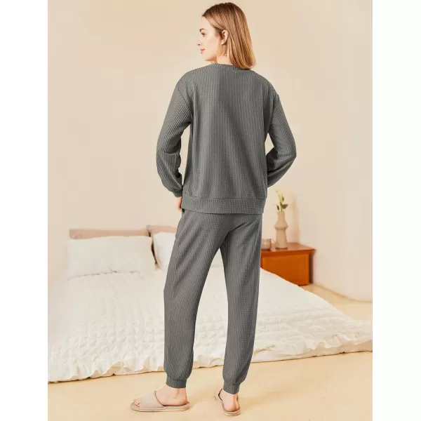 Ekouaer Waffle Knit Lounge Sets for Women Long Sleeve Pajamas Set with Pockets 2 Pieces Outfits Top and PantsDeep Grey