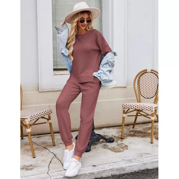 Ekouaer Waffle Knit Lounge Sets for Women Long Sleeve Pajamas Set with Pockets 2 Pieces Outfits Top and PantsDusty Pink