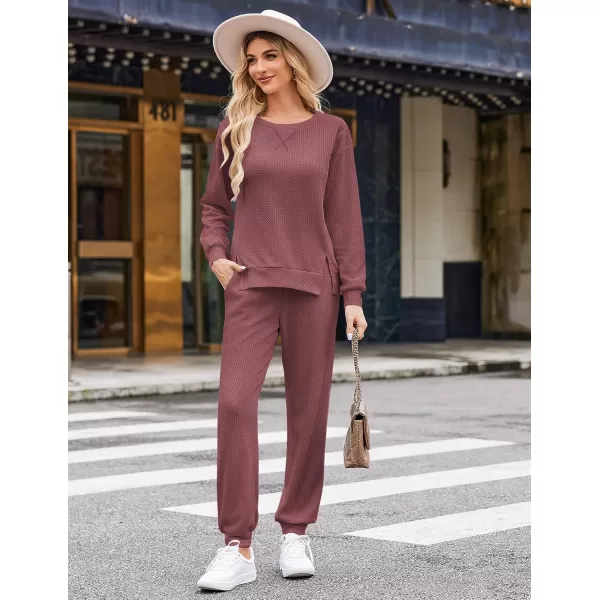 Ekouaer Waffle Knit Lounge Sets for Women Long Sleeve Pajamas Set with Pockets 2 Pieces Outfits Top and PantsDusty Pink