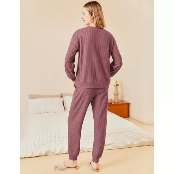 Ekouaer Waffle Knit Lounge Sets for Women Long Sleeve Pajamas Set with Pockets 2 Pieces Outfits Top and PantsDusty Pink