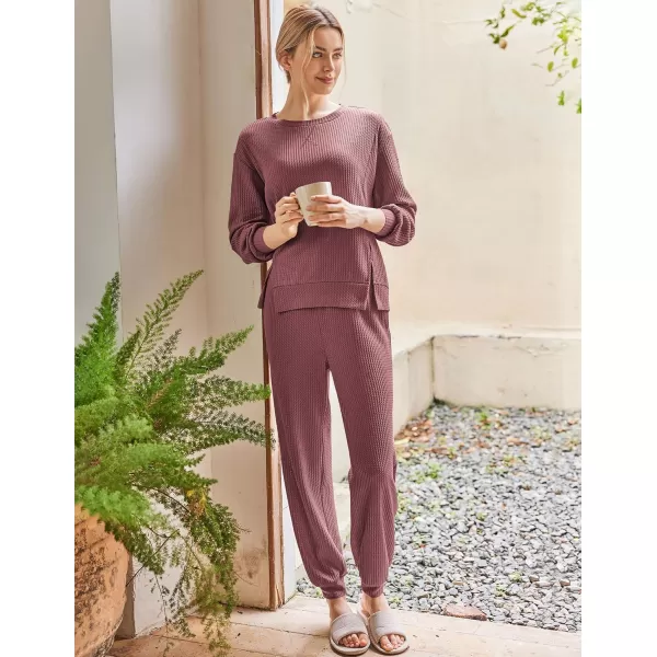 Ekouaer Waffle Knit Lounge Sets for Women Long Sleeve Pajamas Set with Pockets 2 Pieces Outfits Top and PantsDusty Pink