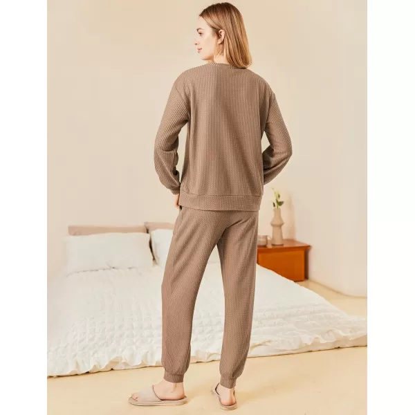 Ekouaer Waffle Knit Lounge Sets for Women Long Sleeve Pajamas Set with Pockets 2 Pieces Outfits Top and PantsKhaki