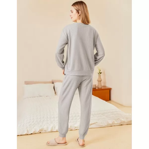 Ekouaer Waffle Knit Lounge Sets for Women Long Sleeve Pajamas Set with Pockets 2 Pieces Outfits Top and PantsLight Grey