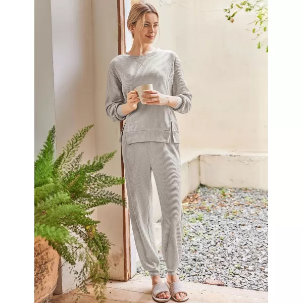 Ekouaer Waffle Knit Lounge Sets for Women Long Sleeve Pajamas Set with Pockets 2 Pieces Outfits Top and PantsLight Grey