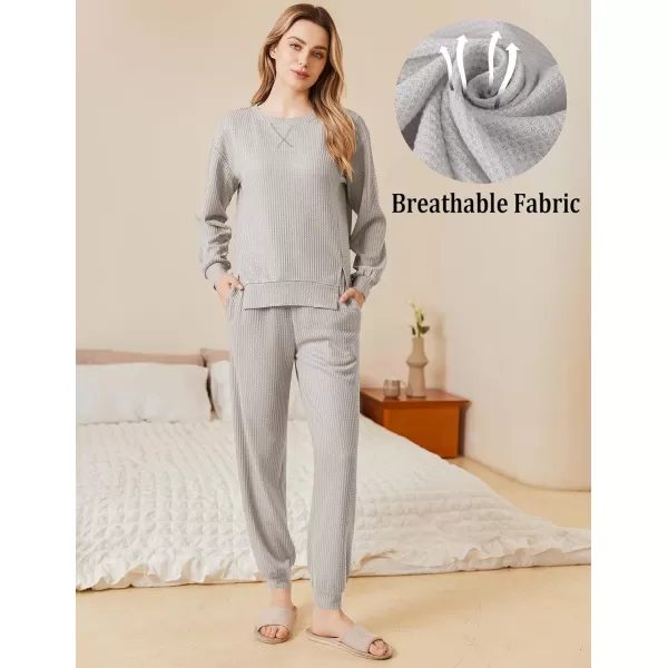 Ekouaer Waffle Knit Lounge Sets for Women Long Sleeve Pajamas Set with Pockets 2 Pieces Outfits Top and PantsLight Grey