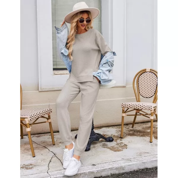 Ekouaer Waffle Knit Lounge Sets for Women Long Sleeve Pajamas Set with Pockets 2 Pieces Outfits Top and PantsLight Grey