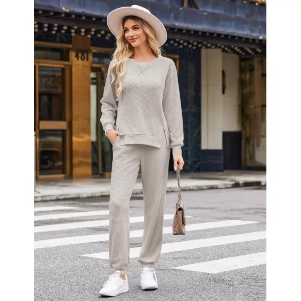 Ekouaer Waffle Knit Lounge Sets for Women Long Sleeve Pajamas Set with Pockets 2 Pieces Outfits Top and PantsLight Grey